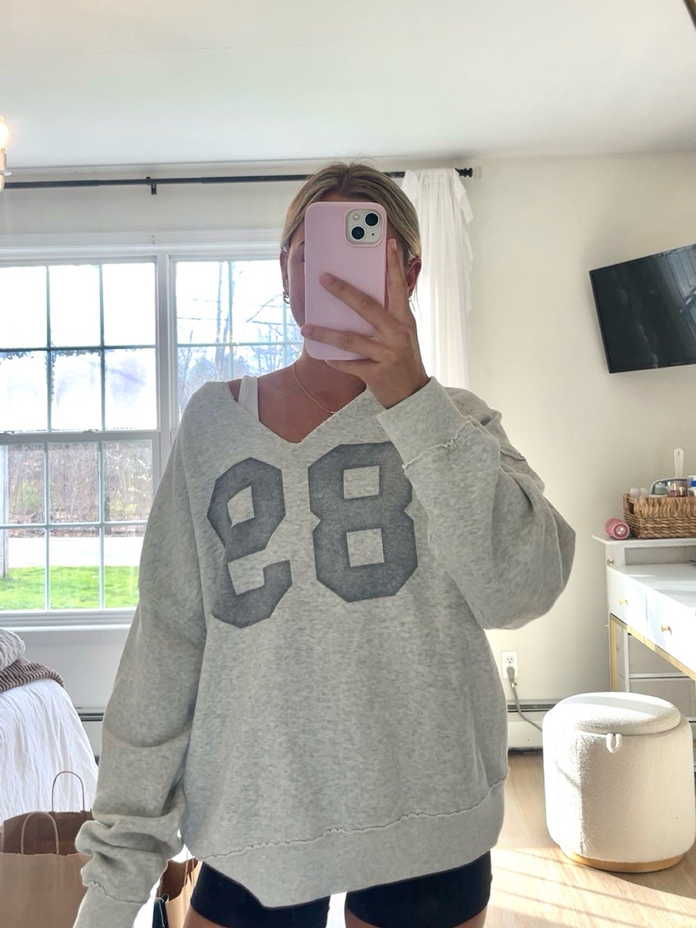 Hollister Light Gray Off the Shoulder Number 89 Sweatshirt